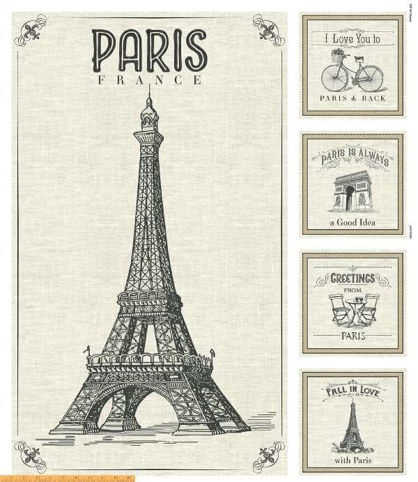 Love Paris Birds and the Eiffel Tower On Black 1 Yard Fabric NEW By the Yard 